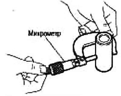 Measure the outside diameter of the piston pin using a micrometer.