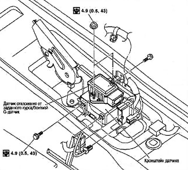 3. Открутите крепежные болты датчика отклонения от заданного курса/бокового G-датчика и снимите…