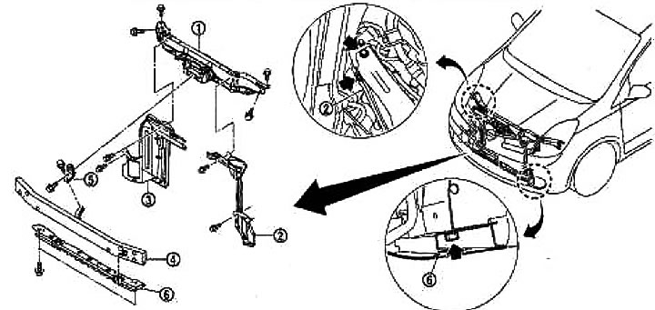1. Horná podpera jadra chladiča; 2. Vzduchové potrubie (vľavo); 3. Vzduchové potrubie (vpravo); 4.…