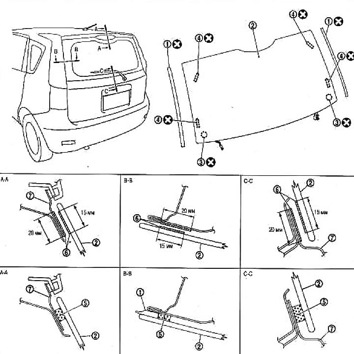 1. Lišta skla zadných dverí; 2. Okenné sklo zadných dverí; 3. Svorka; 4. Rozperka; 5. Tmel; 6.…