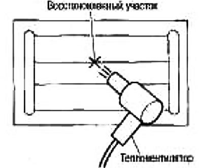 5. Na opravované miesto fúkajte nepretržitým prúdom horúceho vzduchu z ohrievača ventilátora po…