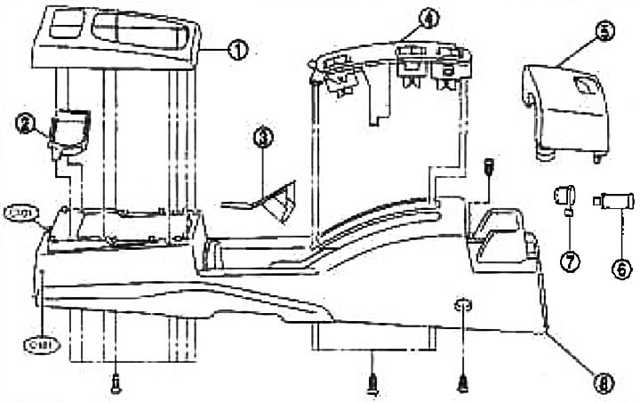 1. Control lever trim; 2. Coin tray; 3. Console mask; 4. Button holder; 5. Cup holder; 6.…