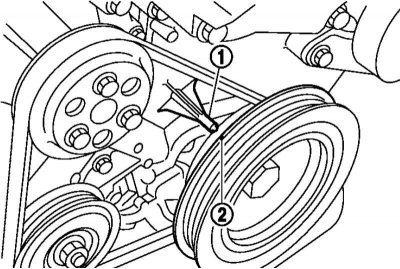 8. Правярніце шкіў каленчатага вала па гадзіннікавай стрэлцы на столькі, каб пазнака (2) ВМТ на…