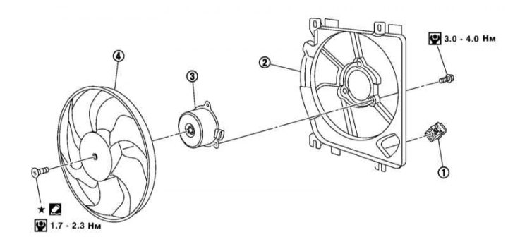 1 - Rezistor; 2 - Puzdro; 3 - Elektromotor; 4 - Obežné koleso