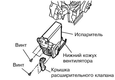 4. Odstráňte spodný kryt ventilátora ohrievača a kryt expanzného ventilu.