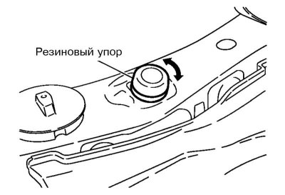 1. Odstráňte zámok kapoty (pozri časť Demontáž a montáž zámkov kapoty a dvierok palivovej nádrže) a…