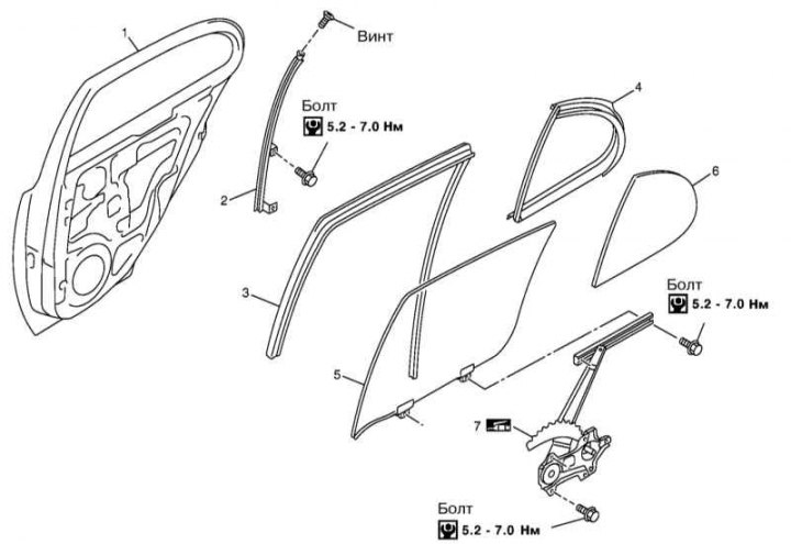 1 - Дзверы; 2 - Накіроўвалая фіксаванага шкла; 3 - Накіроўвалая рухомага шкла; 4 - Ушчыльненне; 5 -…
