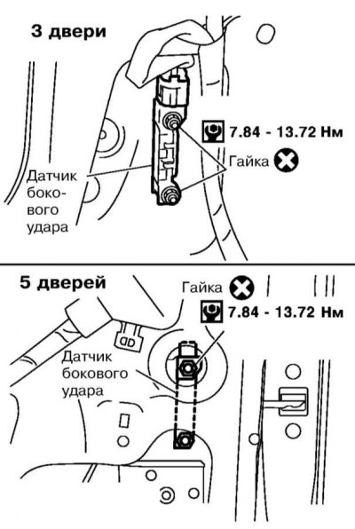 2. Ak chcete odstrániť snímače bočného nárazu, odstráňte príslušný bezpečnostný pás, odpojte…