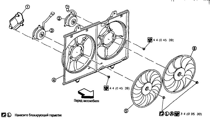 Chladiaci ventilátor 1. Kryt motora ventilátora; 2. Motor ventilátora (vľavo); 3. Motor ventilátora…