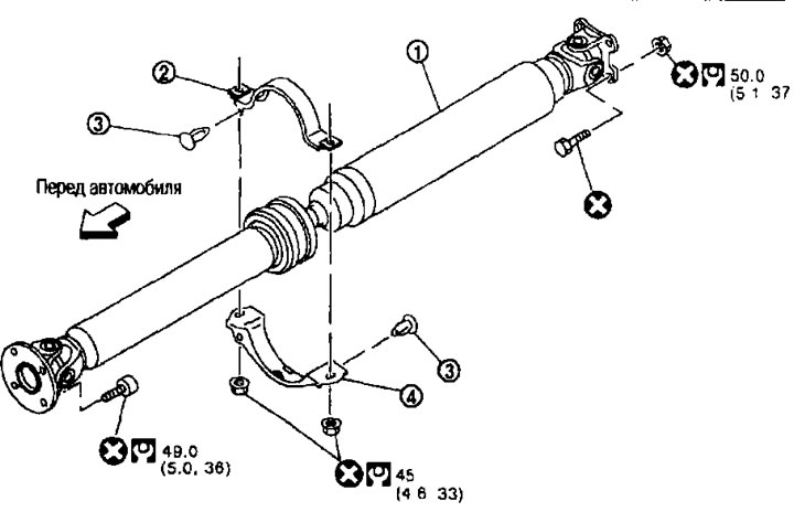 1. Карданный вал в сборе; 2. Крепежный кронштейн центрального подшипника (верхний); 3. Зажим; 4.…