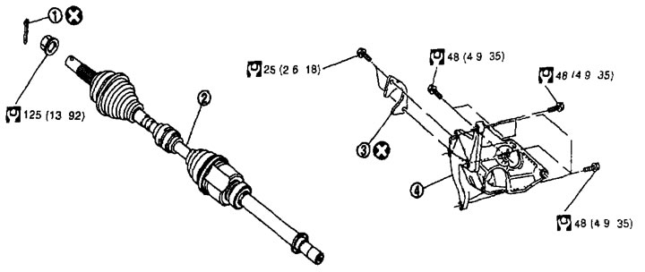 Na pravej strane (motor MR20DE) 1. Závlačka; 2. Hnací hriadeľ; 3. Tanier; 4. Podporná konzola…