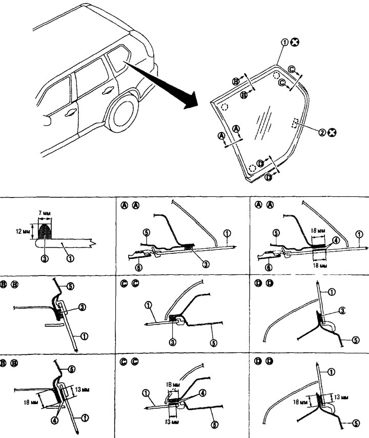 1. Sklo bočného okna; 2. Rozperka; 3. Lepidlo; 4. Primer; 5. Vonkajší bočný panel karosérie; 6.…