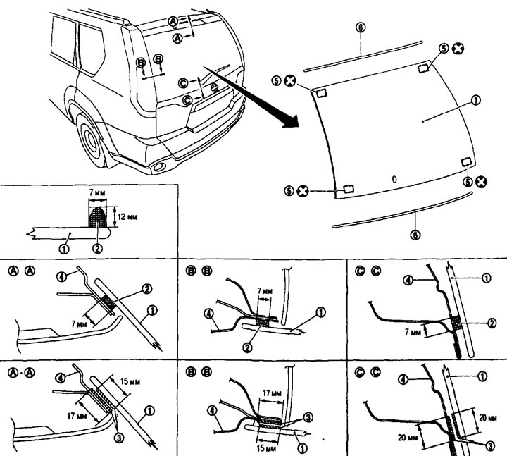1. Okenné sklo zadných dverí; 2. Lepidlo; 3. Primer; 4. Vonkajší panel zadných dverí; 5. Rozperka;…