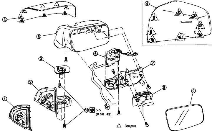 Demontáž 1. Výplň; 2. Základňa; 3. Základná doska; 4. Kryt spätného zrkadla; 5. Telo; 6. Napájanie;…