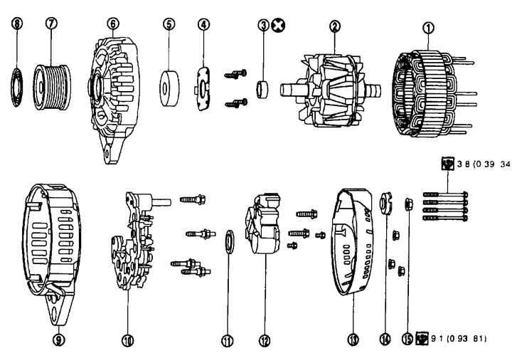 Demontáž. Typ: LR1140-802C. 1. Zostava statora; 2. Montáž rotora; 3. Dištančná vložka rotora; 4.…