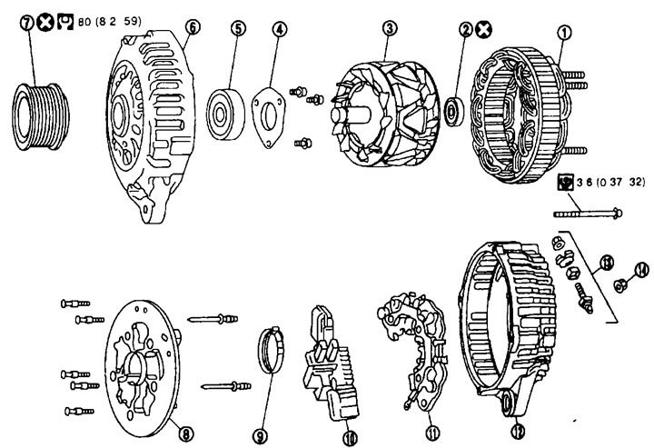 Dezasamblarea. Tip: LR1110-713C. 1. Stator; 2. Rulment spate; 3. Rotor; 4. Clip; 5. Rulment…